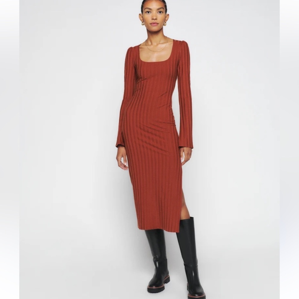 Reformation Clint knit Rust Long Sleeve Dress stretch
